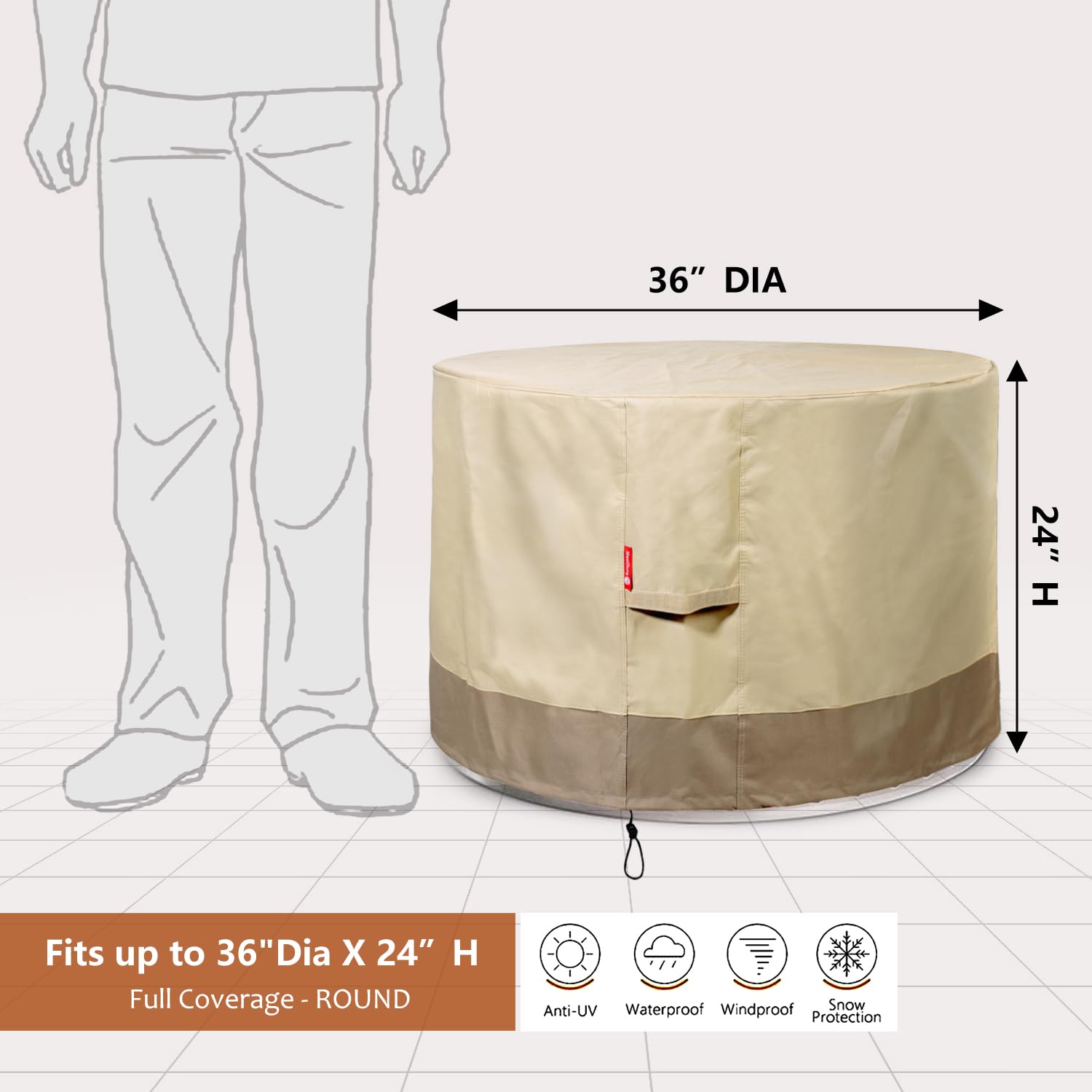 SheeChung beige round fire pit cover keeps the pit clean and dry.