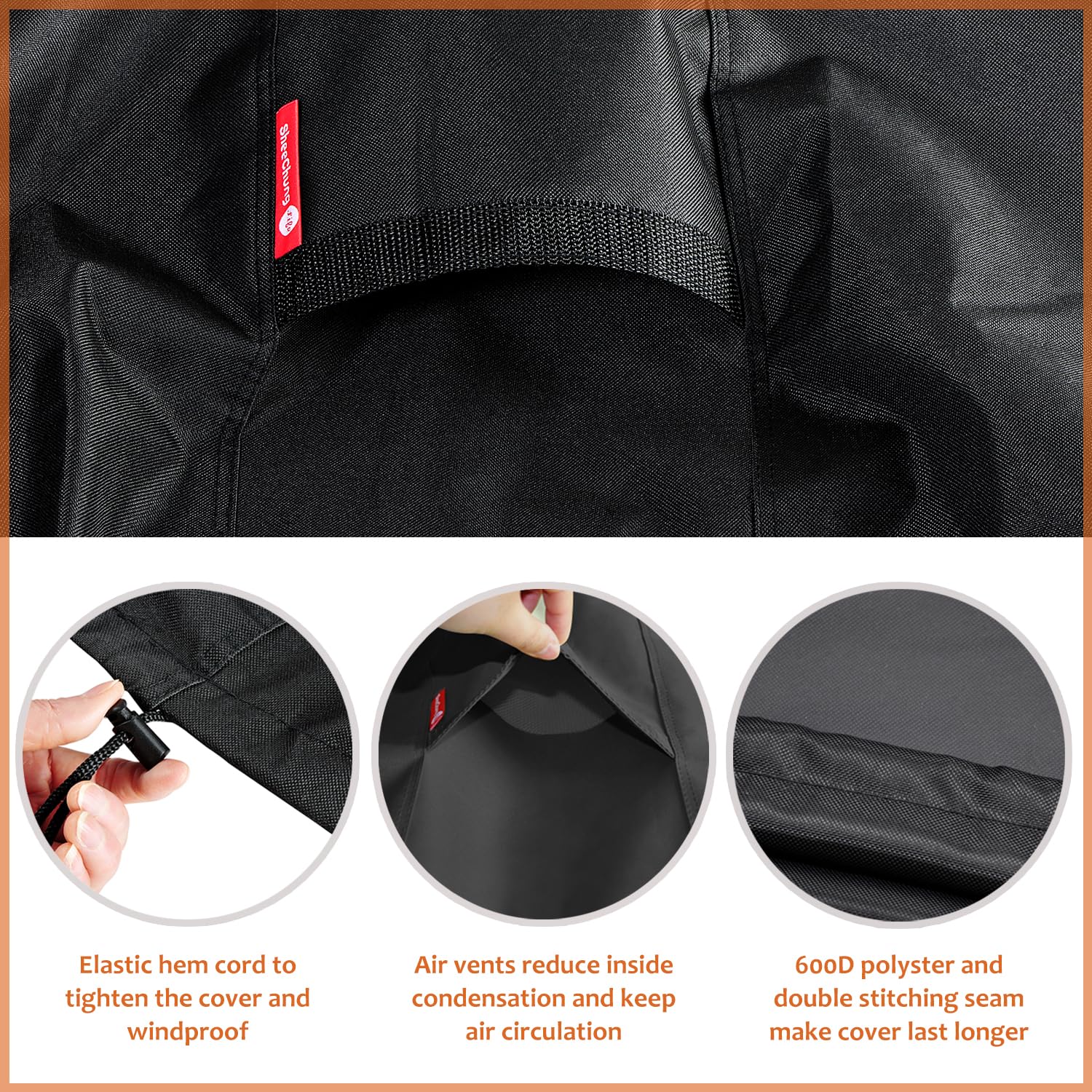 Heavy-duty 600D Oxford fabric with waterproof coating protects from rain and sun.