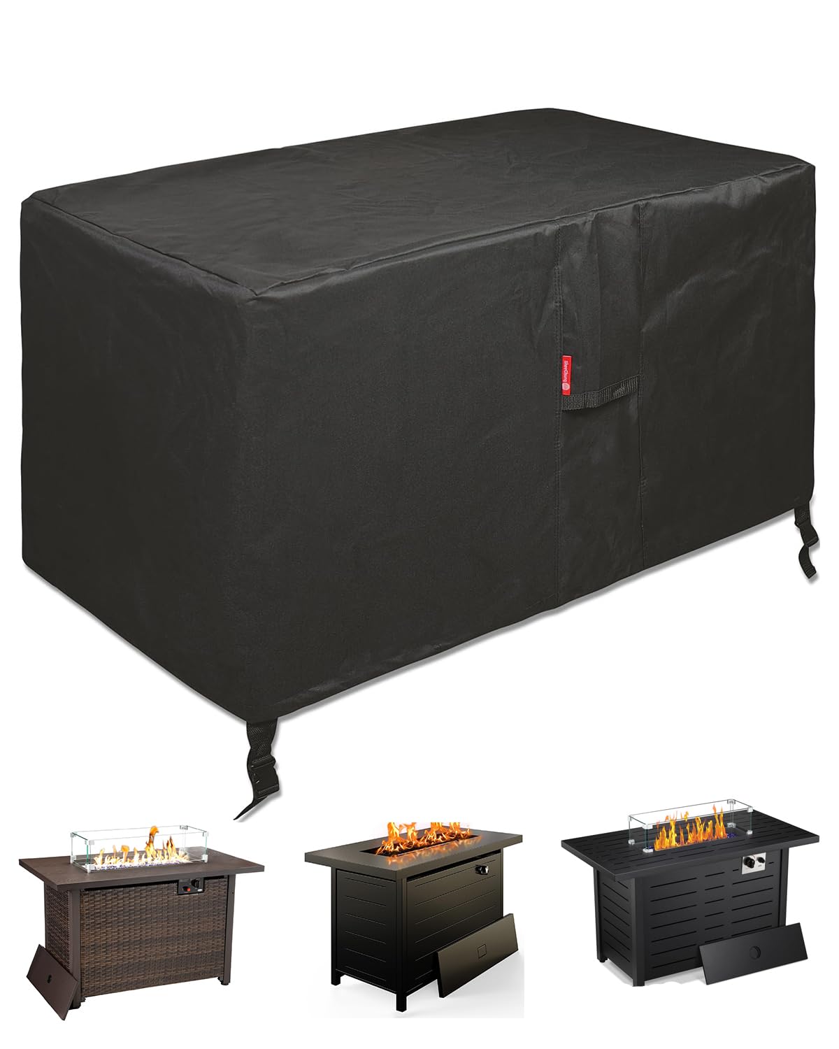SheeChung rectangular fire pit cover front view protecting a 44x28 outdoor pit from rain