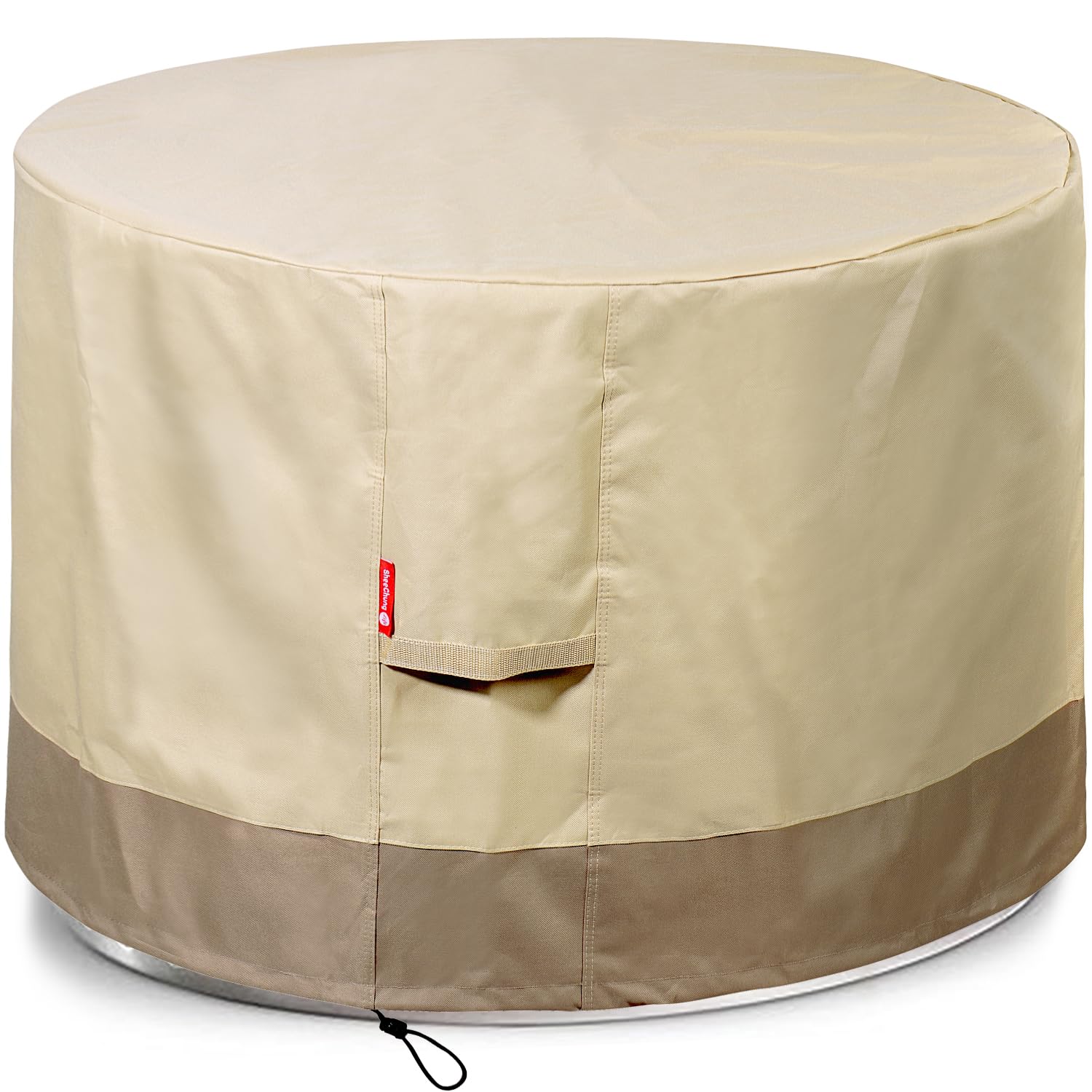 SheeChung round gas fire pit cover protects against rain and dust.