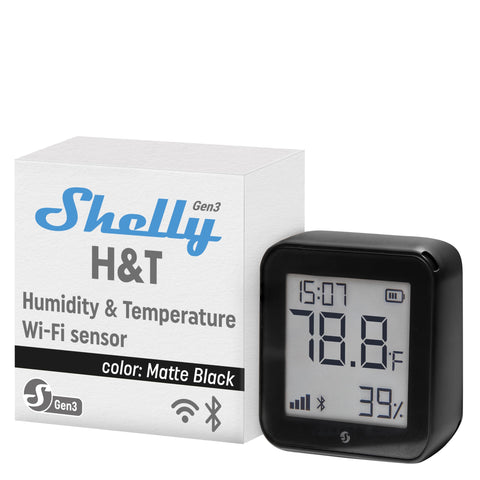 Shelly H&T Gen3 Black front view showing a compact sensor for quick environmental checks