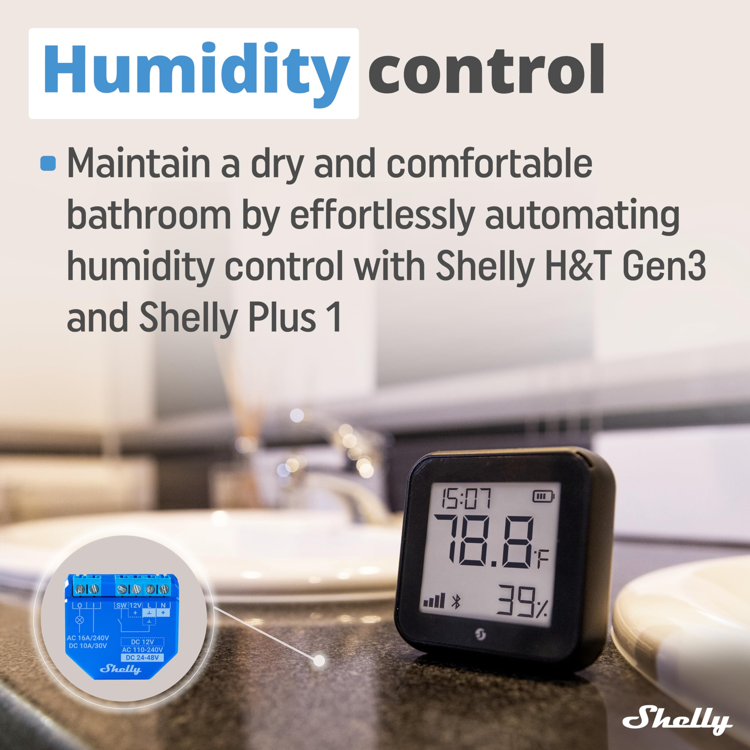 Shelly H&T Gen3 Black with remote app control for real-time monitoring