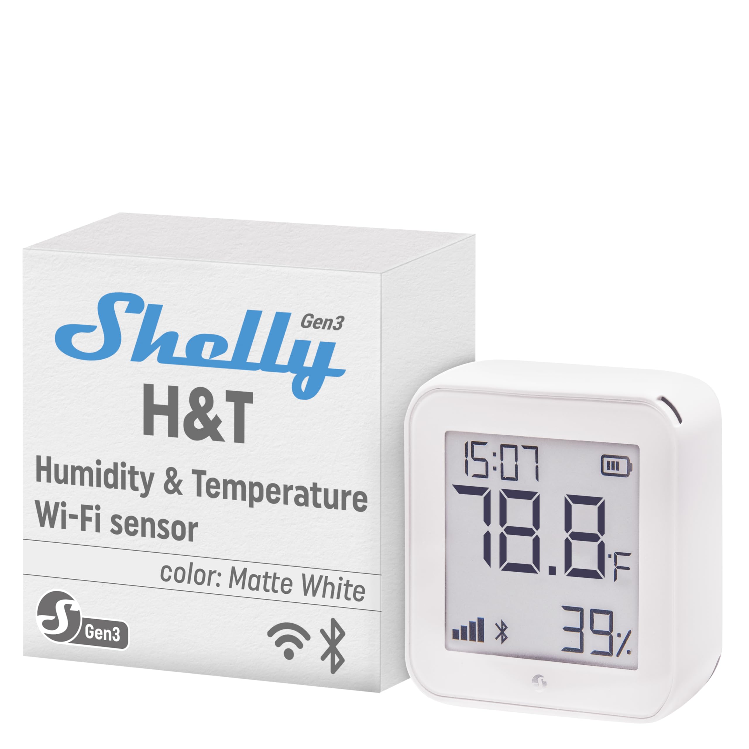 Shelly H&T Gen3 White front view, compact sensor for home monitoring and control.