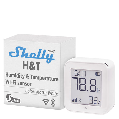 Shelly H&T Gen3 White front view, compact sensor for home monitoring and control.