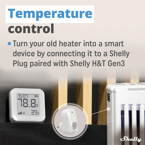 Shelly H&T Gen3 White LCD display shows readings at a glance for quick decisions.