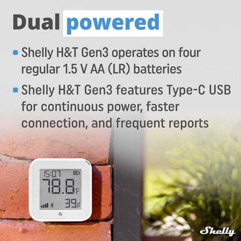 Shelly H&T Gen3 White package displays a complete smart sensor kit.