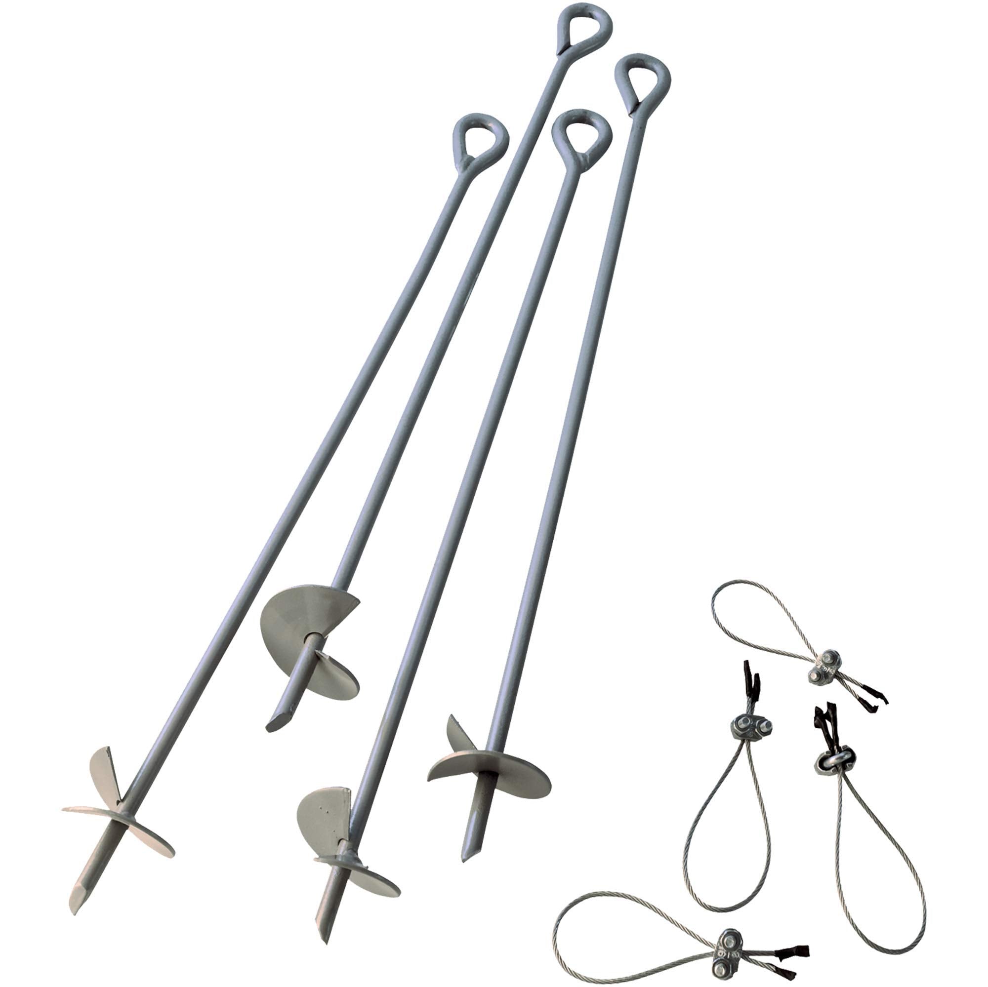 Clamp-on wire tie-downs from ShelterLogic attach quickly to shelter legs