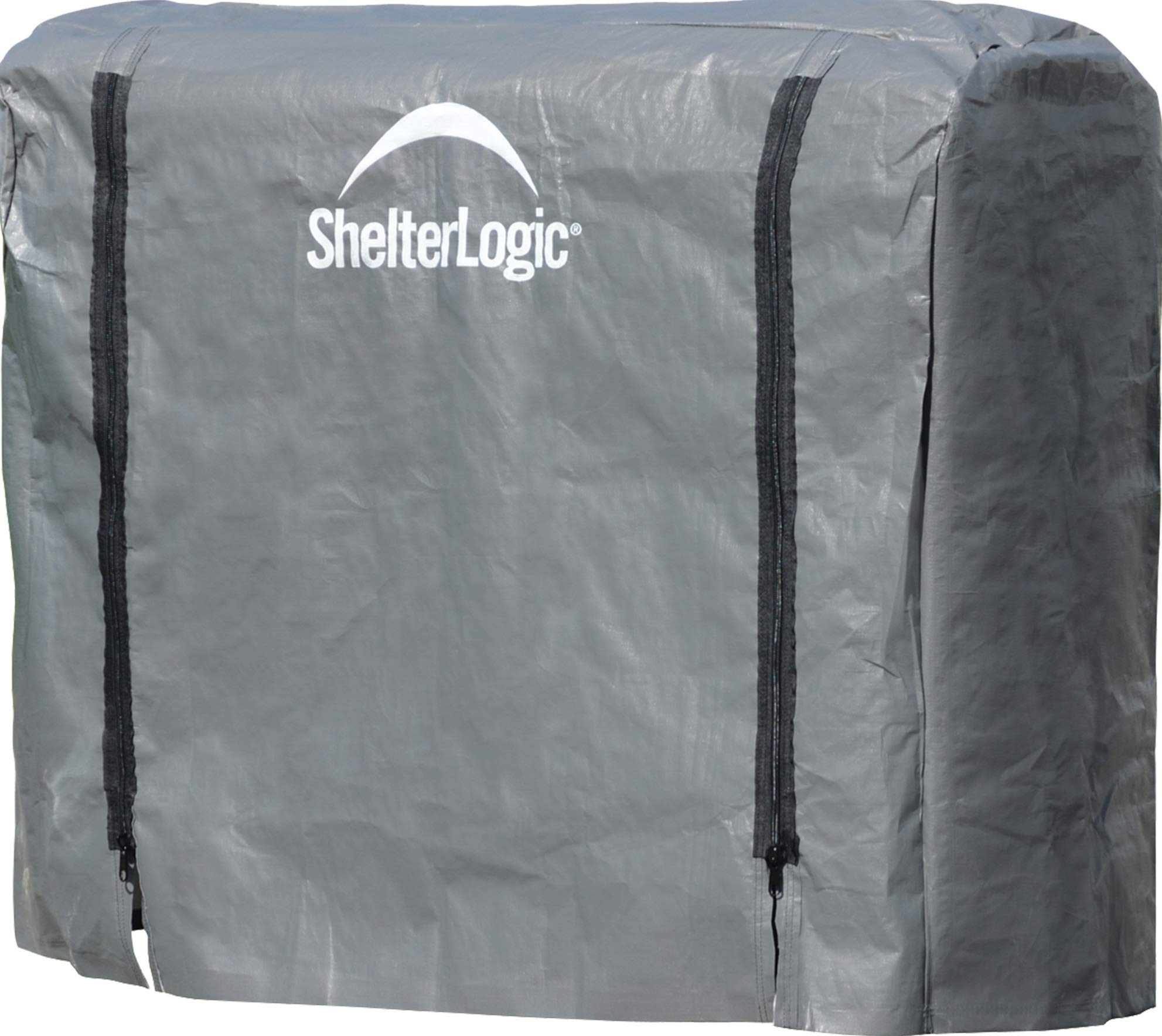 ShelterLogic firewood cover front view showing universal fit for a 4-foot rack