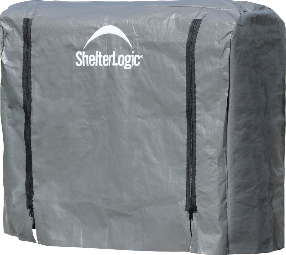 ShelterLogic firewood cover front view showing universal fit for a 4-foot rack