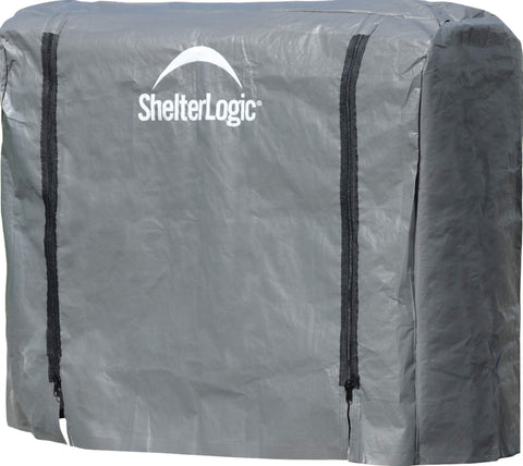 ShelterLogic firewood cover front view showing universal fit for a 4-foot rack