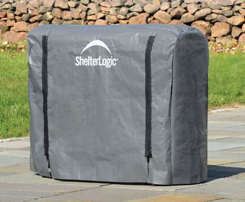 ShelterLogic firewood cover side view illustrating full-length protection against weather