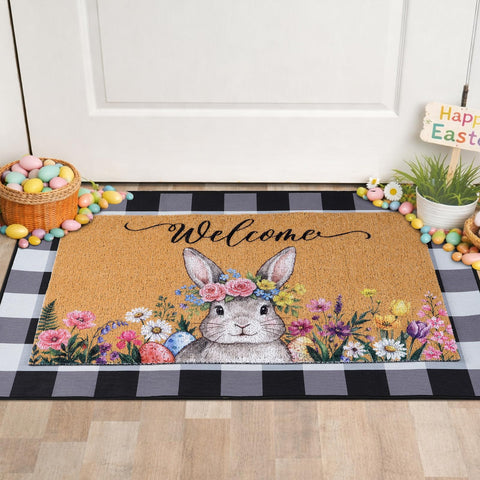 Shemilly Easter doormat bunny flowers welcome design for entryways