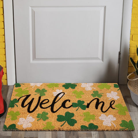 Shemilly St Patrick's Day doormat with green shamrock pattern welcoming entrances and dirt scraping.