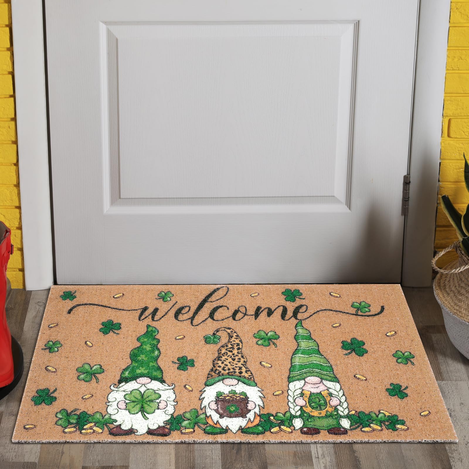 Shemilly St Patrick's Day door mat with shamrock and gnomes welcomes indoors and outdoors