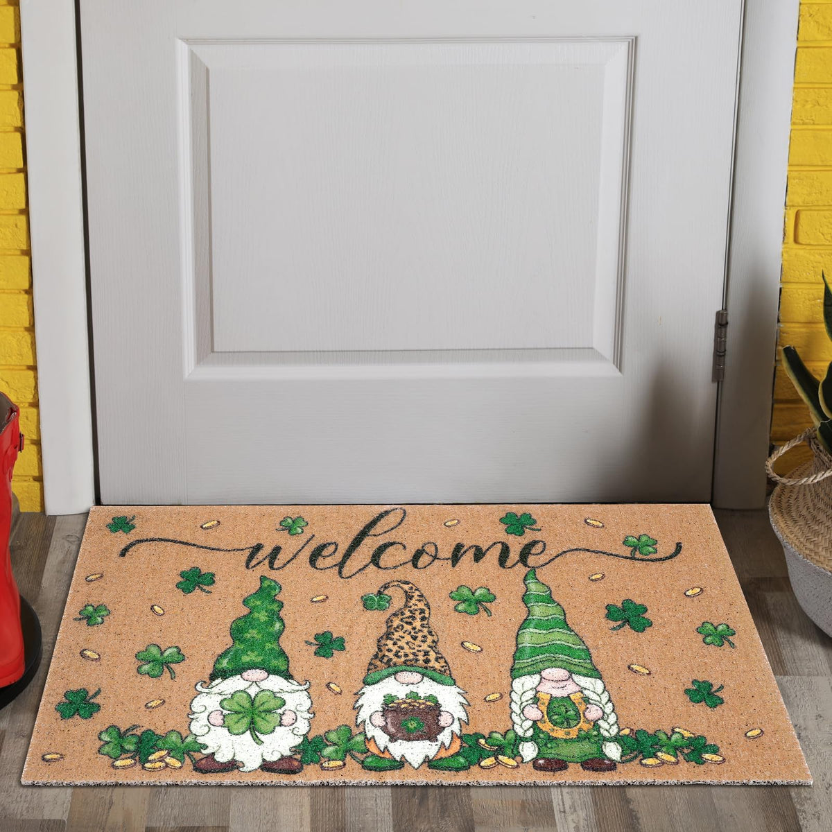 Shemilly St Patrick's Day door mat with shamrock and gnomes welcomes indoors and outdoors
