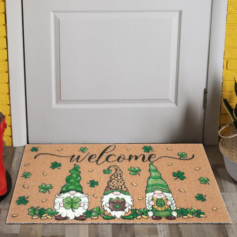 Shemilly St Patrick's Day door mat with shamrock and gnomes welcomes indoors and outdoors