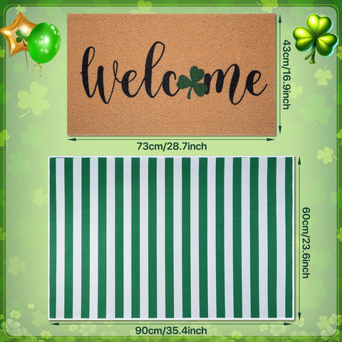Shemilly green white stripe doormat suited for indoor or outdoor entrances.