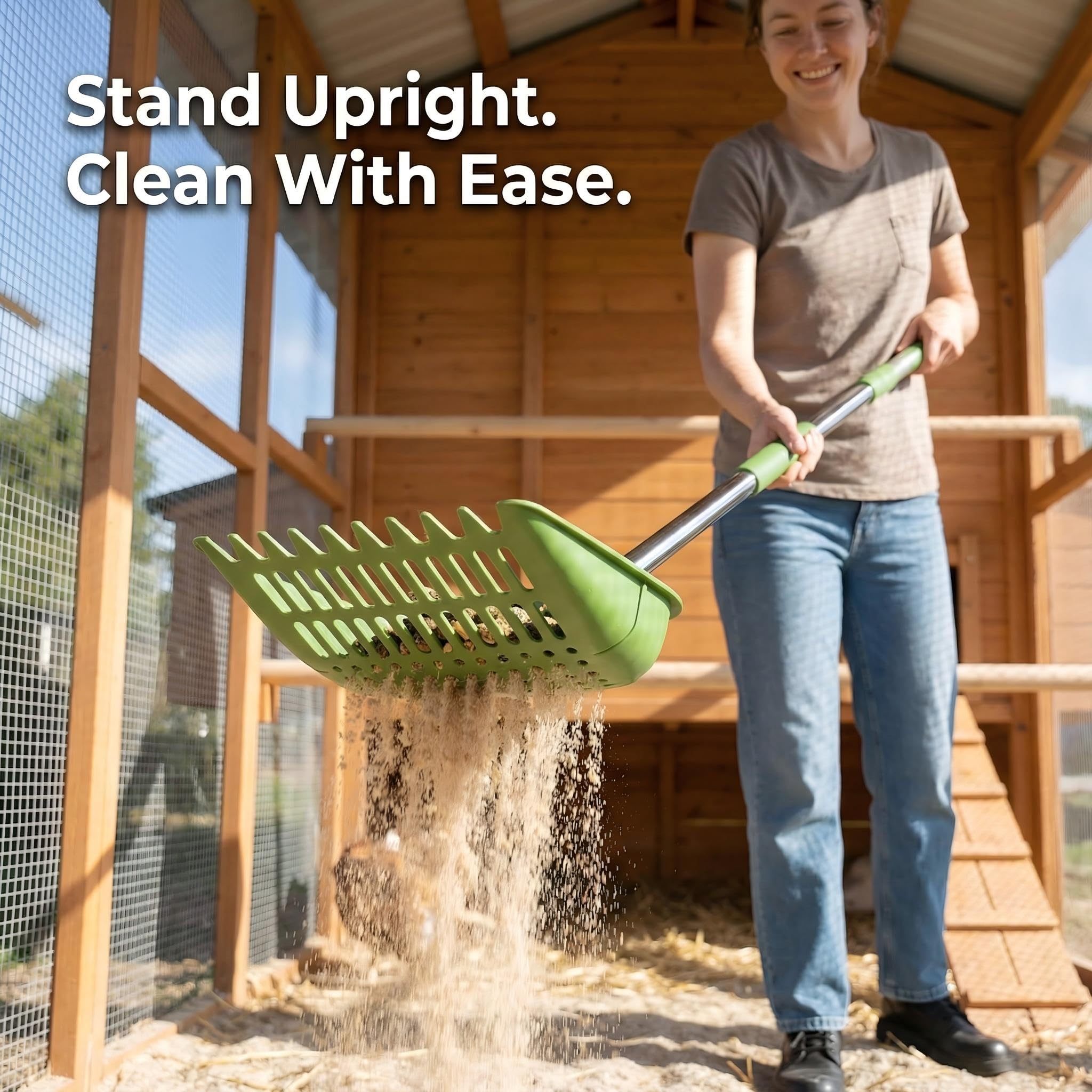 SHENDER coop scoop and rake combo simplifying droppings collection.