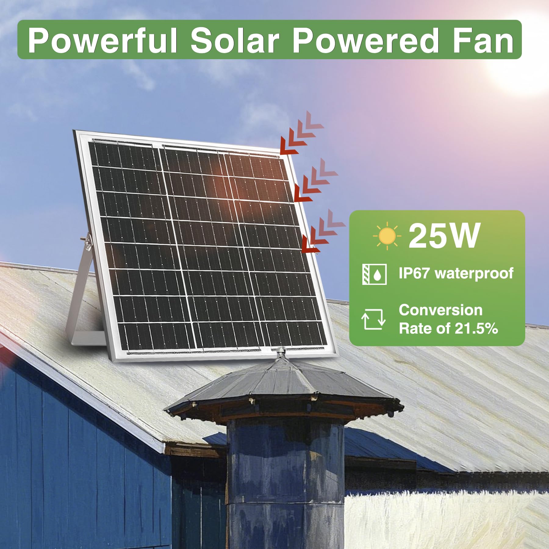 SHENVITASO solar exhaust fan mounting bracket shows adjustable placement for sun exposure