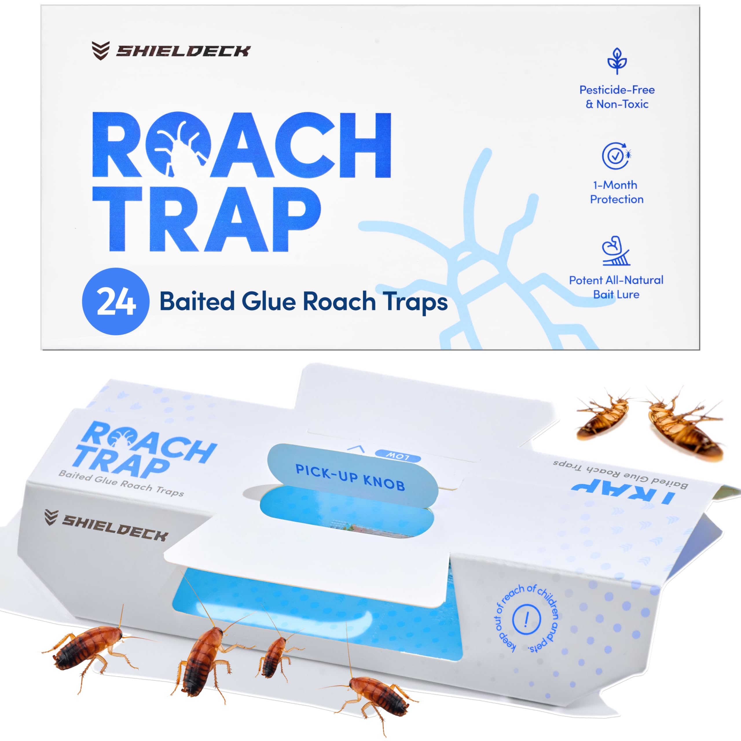 Shieldeck Roach Traps indoor packaging shows 24 traps for simple home protection