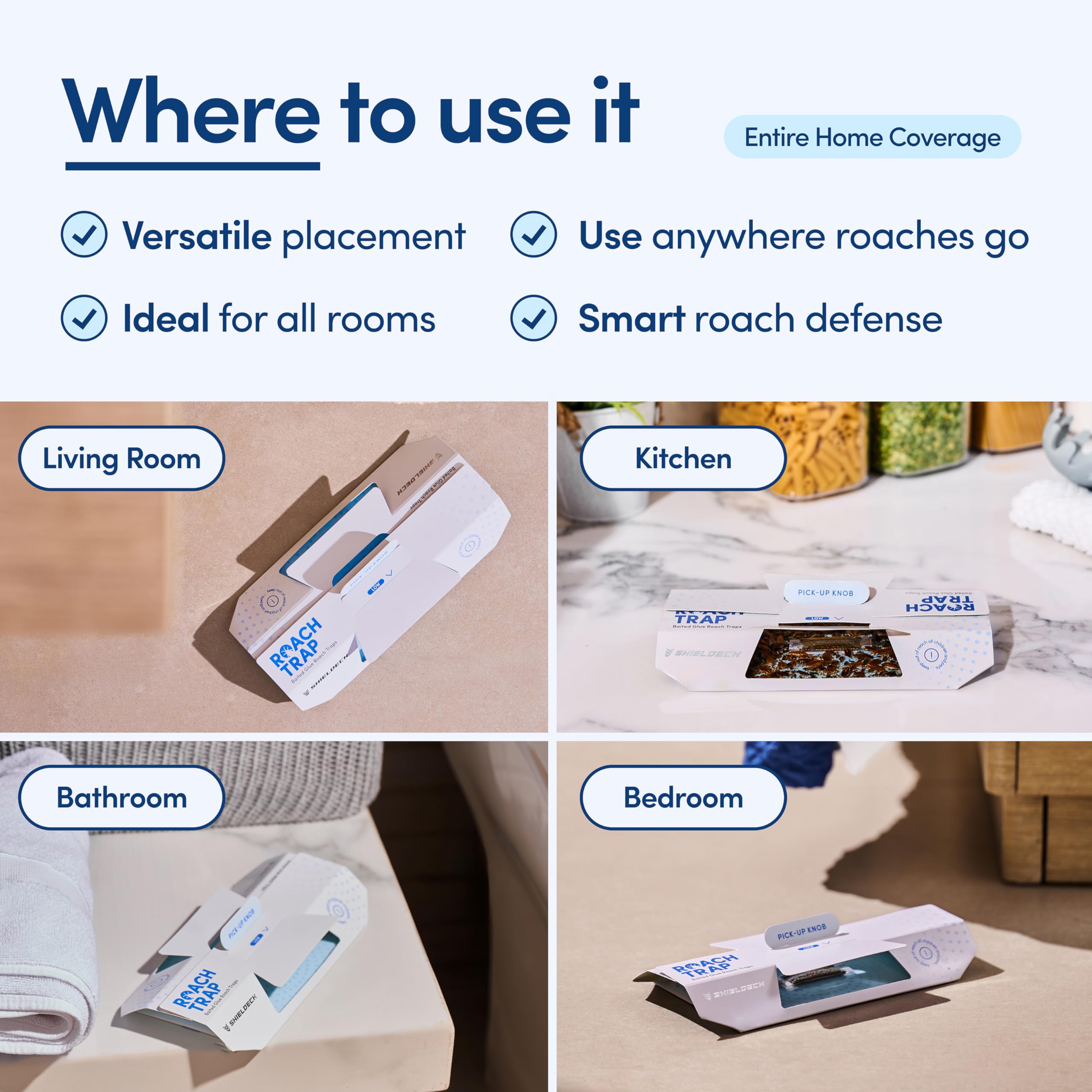 Shieldeck Roach Traps with pick-up knob enable touch-free disposal