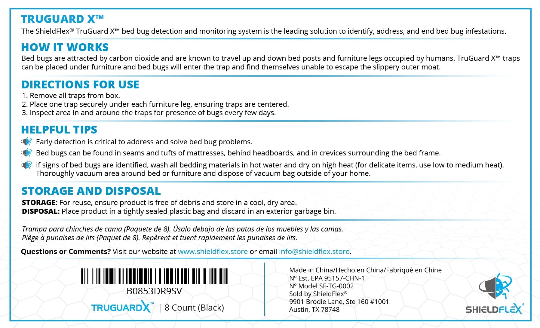 TruGuard X monitoring system image highlights passive bed bug detection.