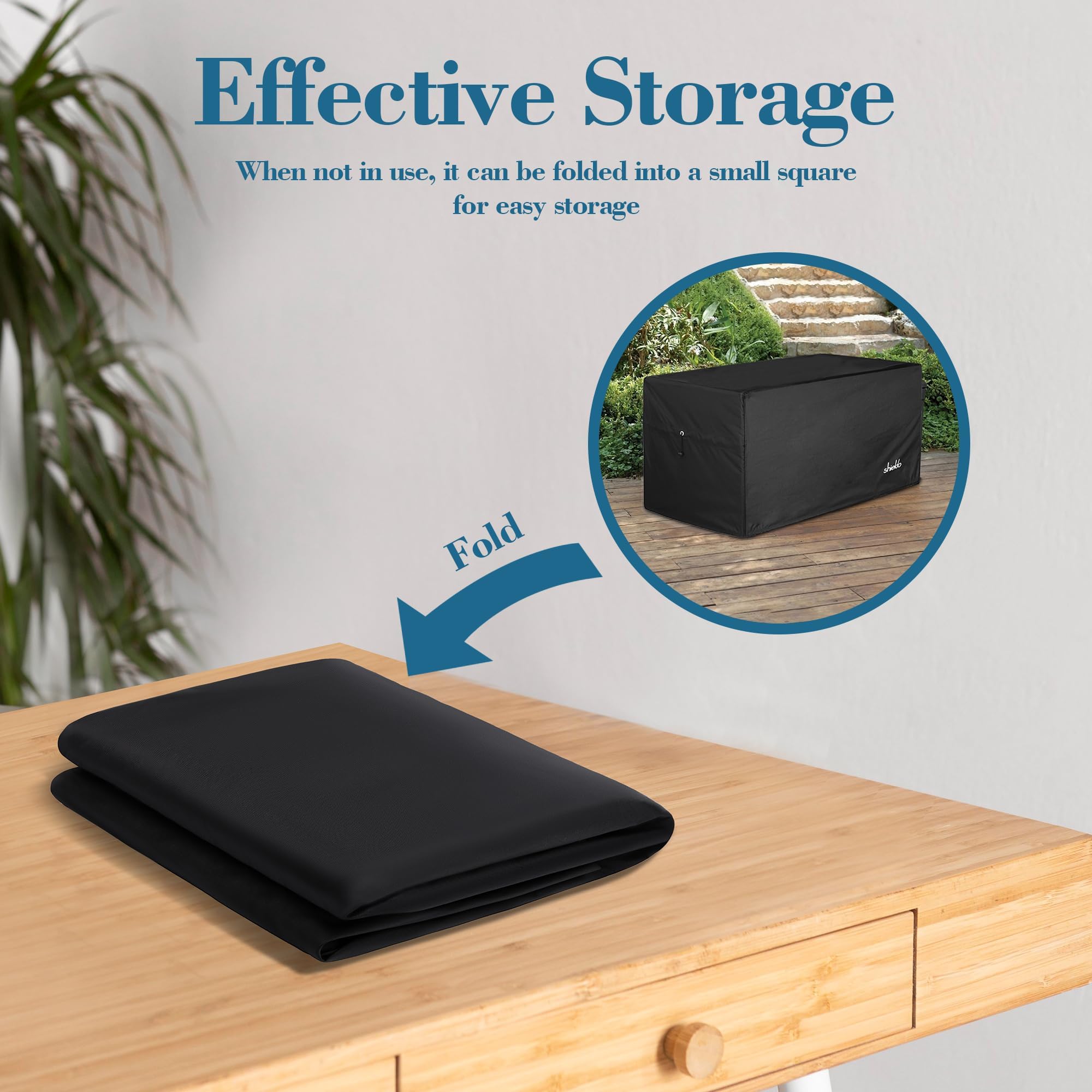 Shieldo deck box cover with full-coverage design protecting from sun, rain, hail, and dust.