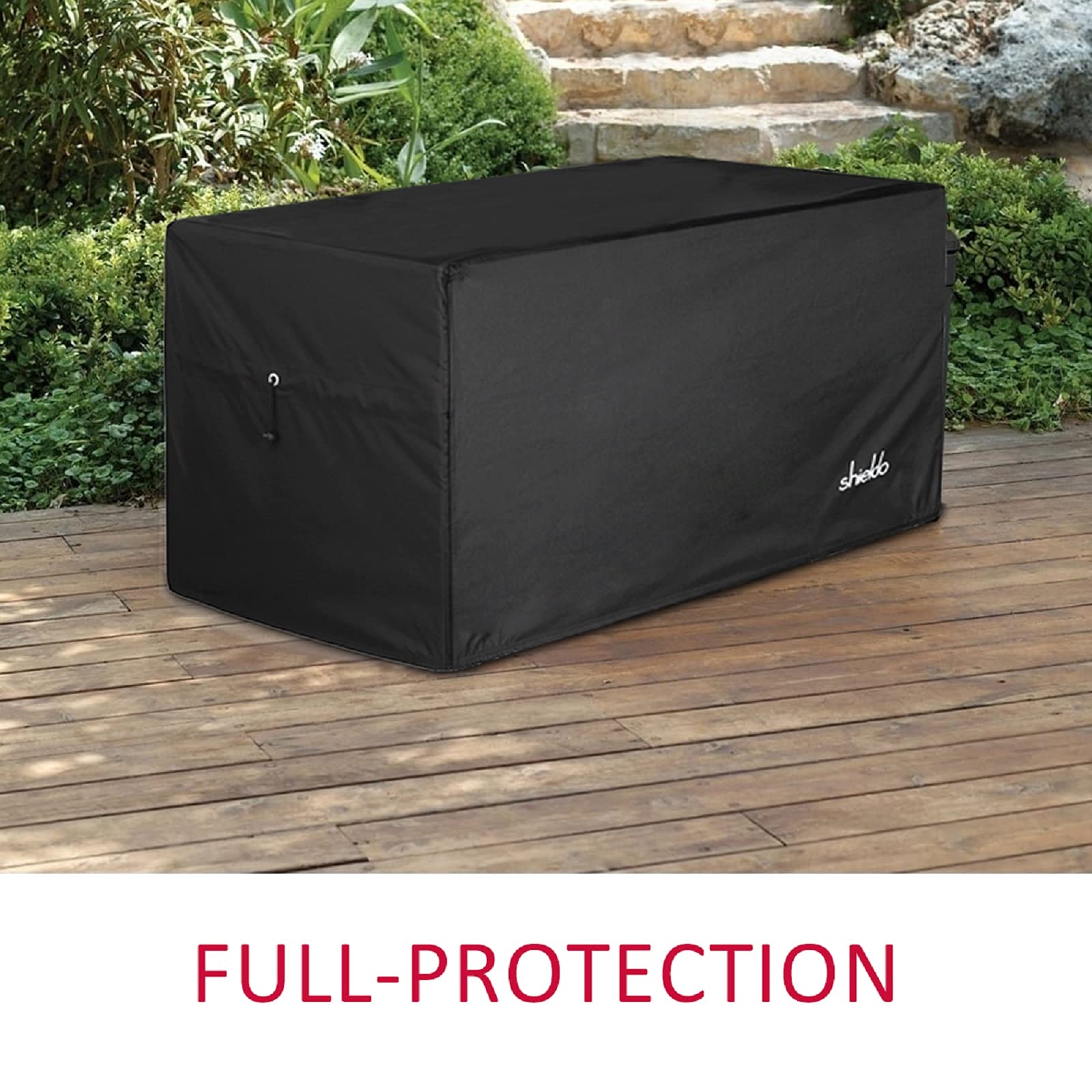 Shieldo deck box cover tested for weather resistance in outdoor environments.