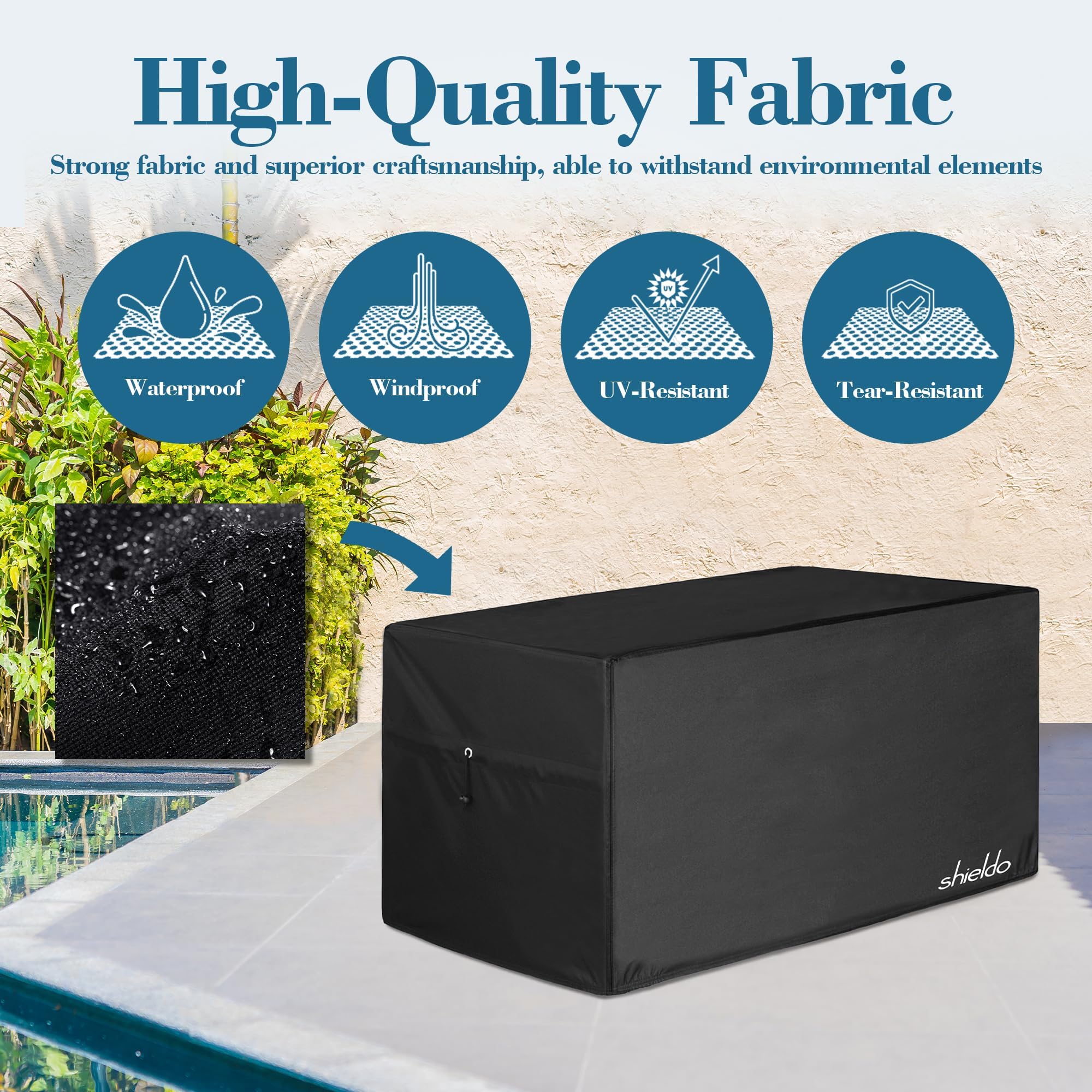 Shieldo deck box cover showing elastic windproof hems for secure placement in wind.