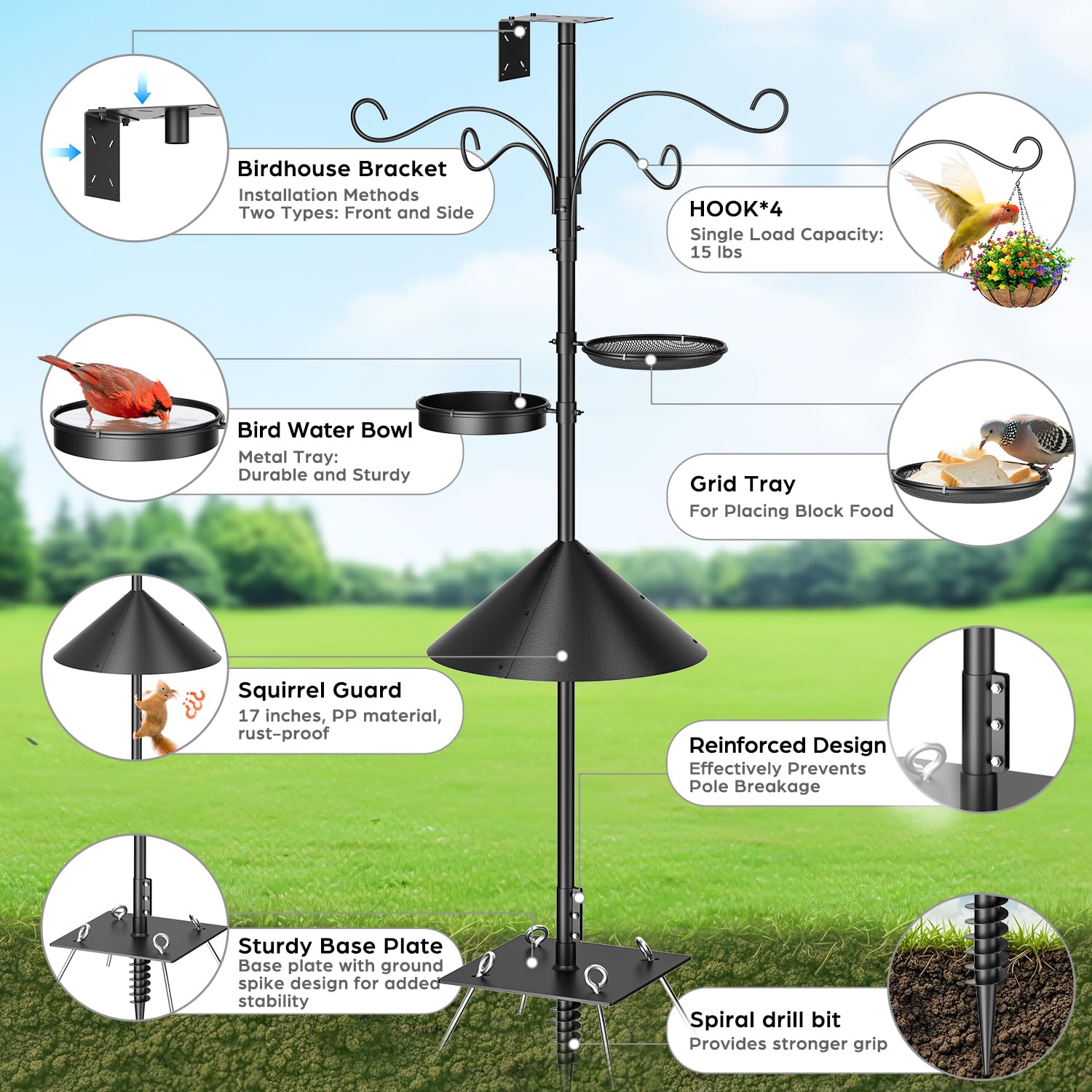 SHIJING pole with four ground spikes ensures secure outdoor installation.