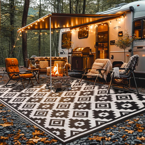 Shilucheng outdoor rug 8x10, reversible design on deck.