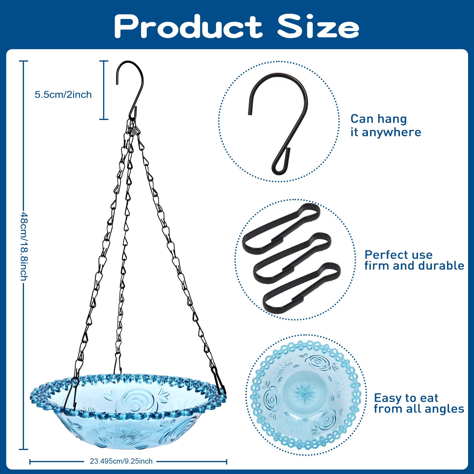 ShiMeiDing bird bath comes with chain and hook for secure hanging.