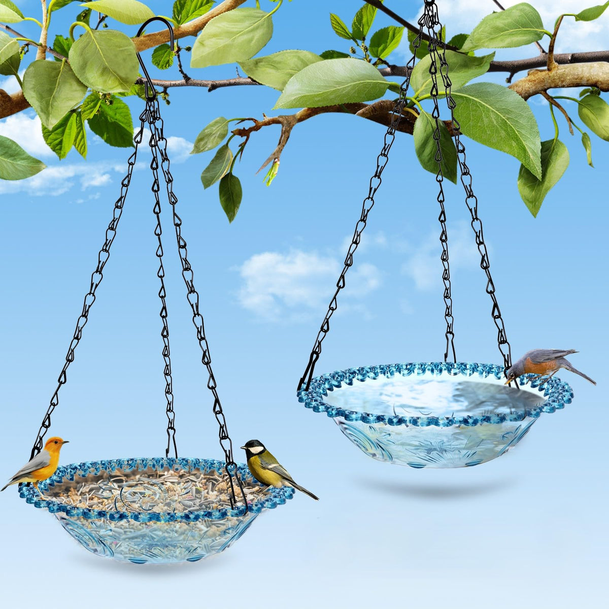 ShiMeiDing blue hanging bird bath invites birds to bathe and drink in the garden.