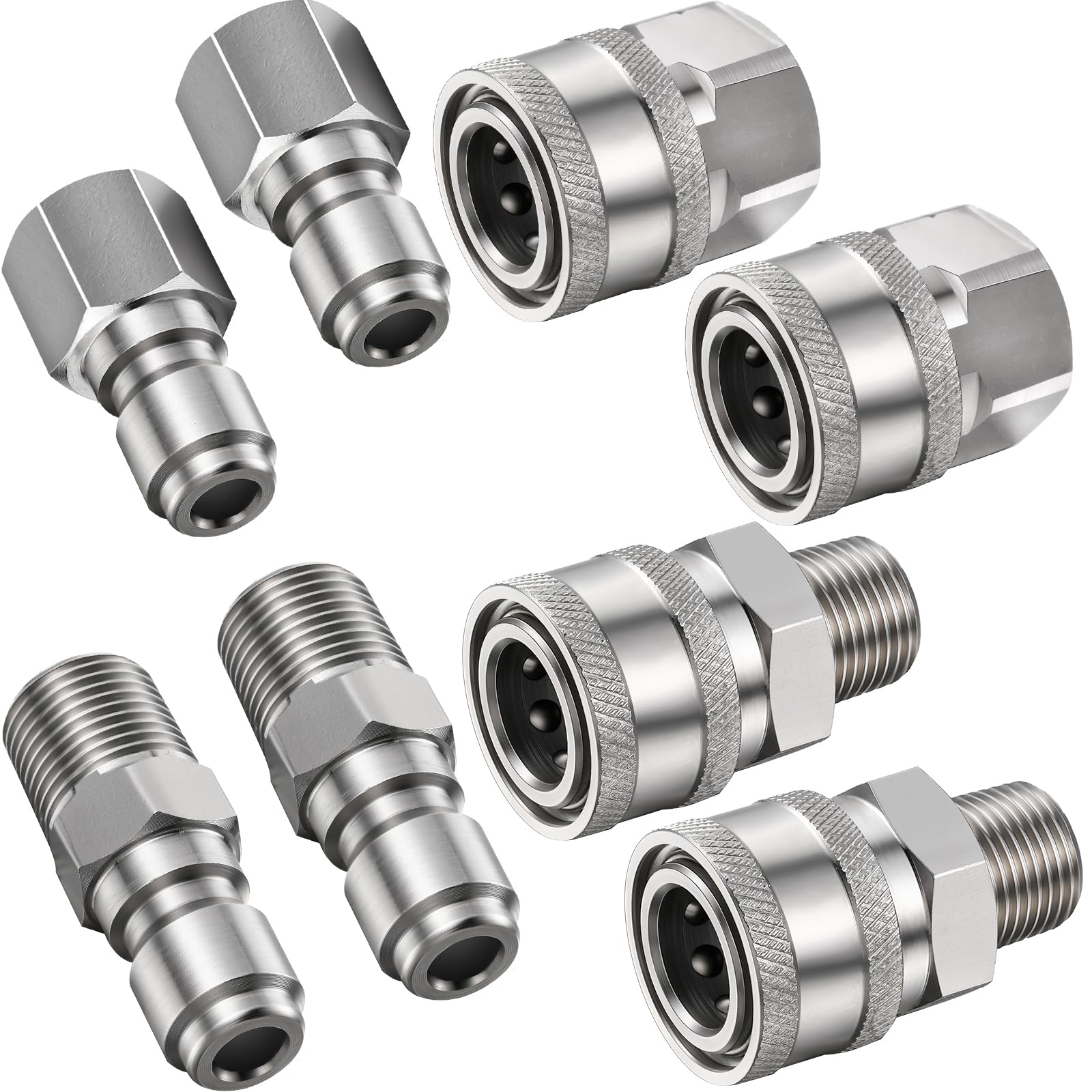 Shimeyao 4-set NPT 1/4-inch quick-connect fittings for versatile hose connections.
