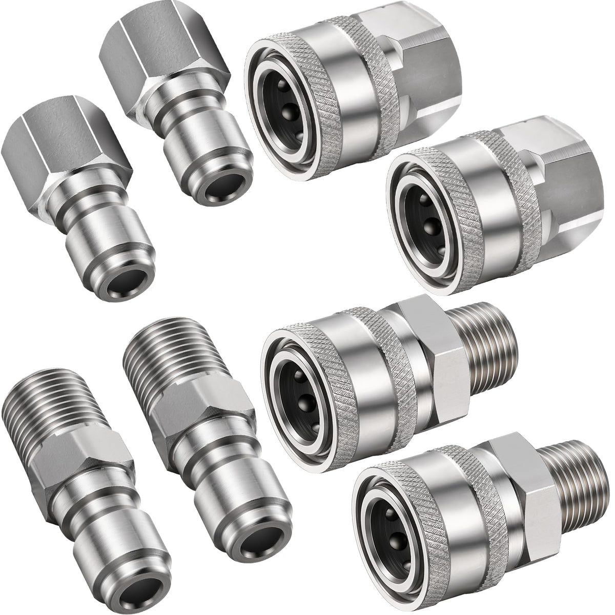 Shimeyao 4-set NPT 1/4-inch quick-connect fittings for versatile hose connections.