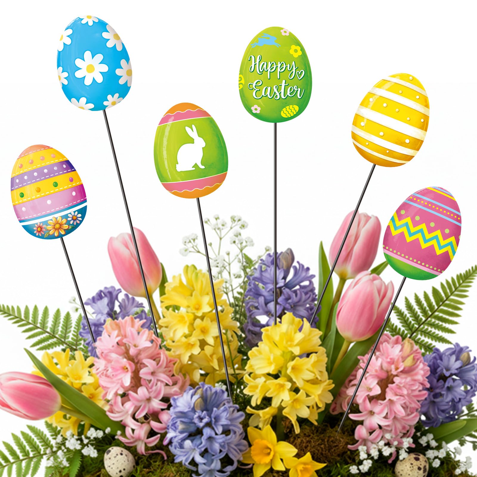 Shimeyao Easter metal yard stake set with six colorful eggs for vibrant outdoor decor.