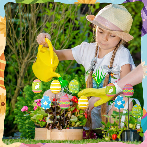 Shimeyao Easter stake designs decorate a flower bed for spring charm.