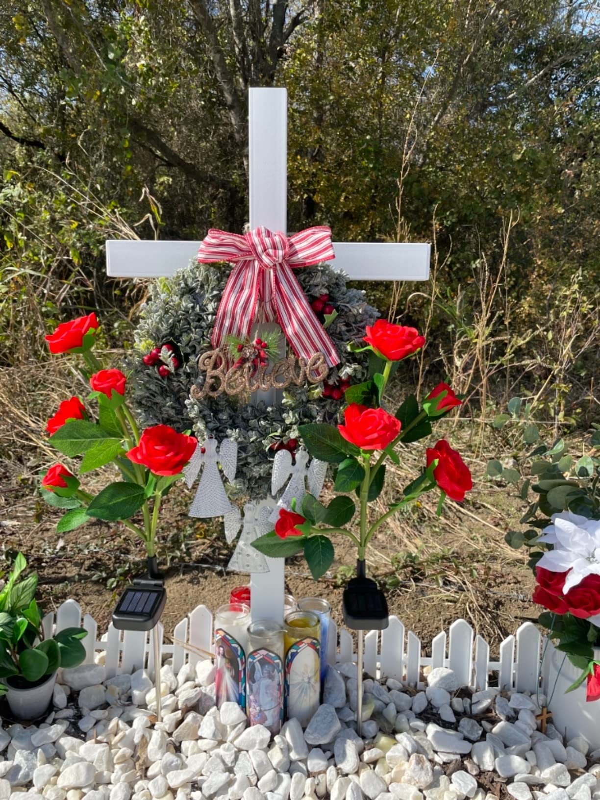 SHINCEL cemetery cross in a garden setting with UV-stable finish