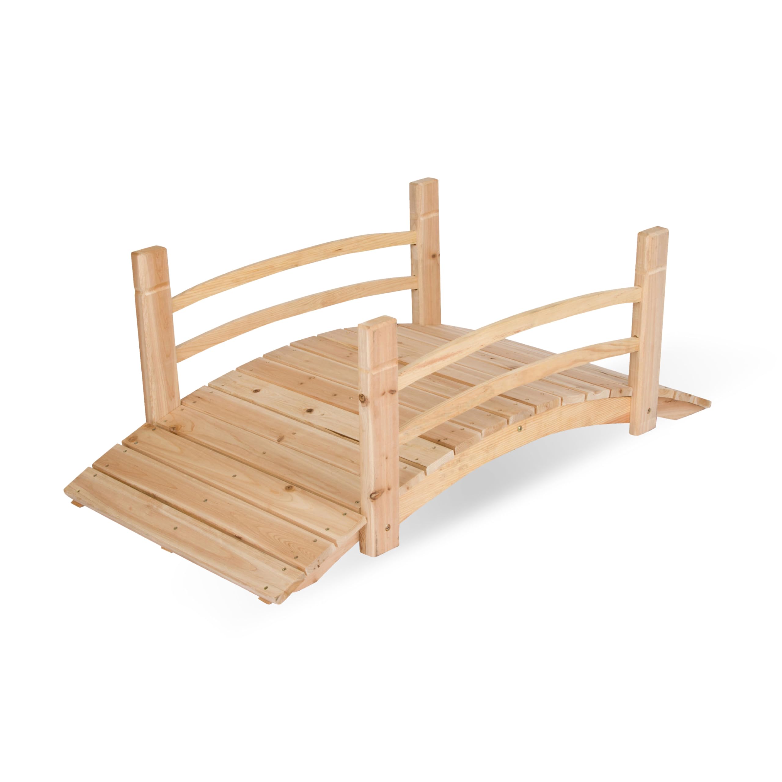 Shine Company 4980N cedar garden bridge with side rails over a garden path.