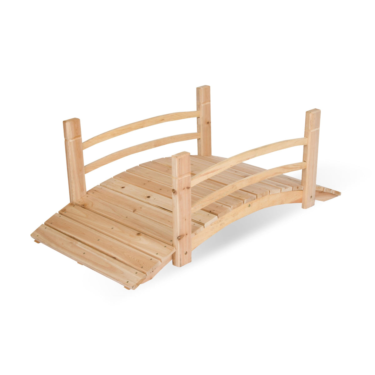 Shine Company 4980N cedar garden bridge with side rails over a garden path.