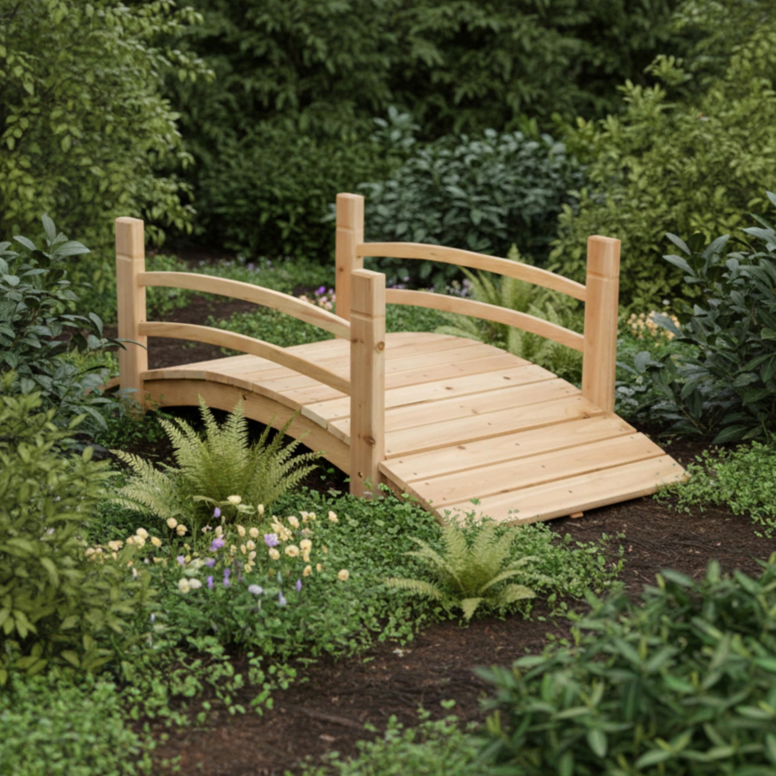 Shine Company 4980N cedar bridge side rails in a lush landscape.