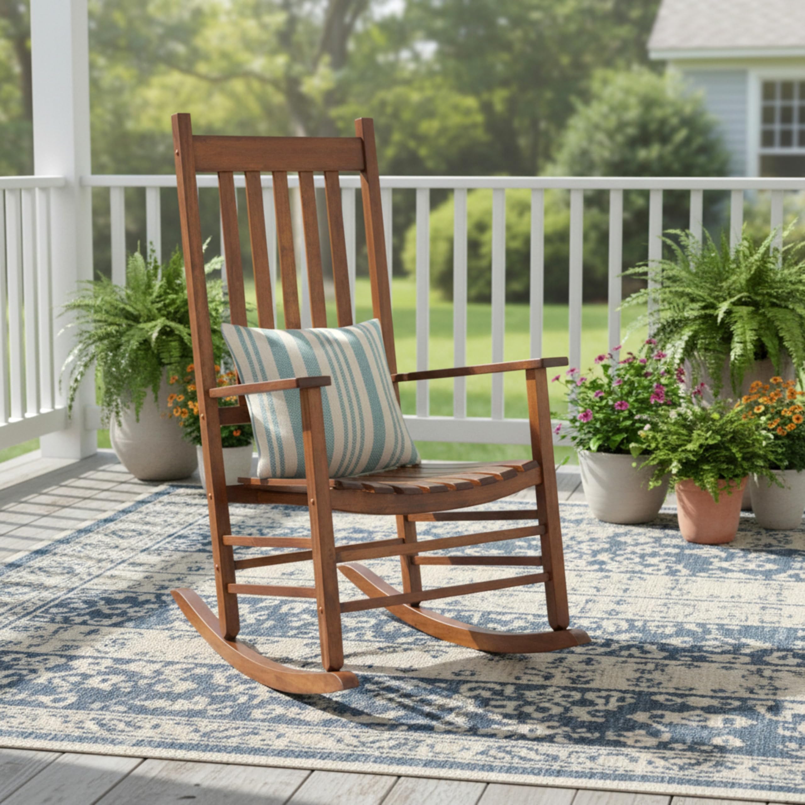 Shine Company Vermont Porch Rocker oak side view shows ergonomic backrest and arm support.