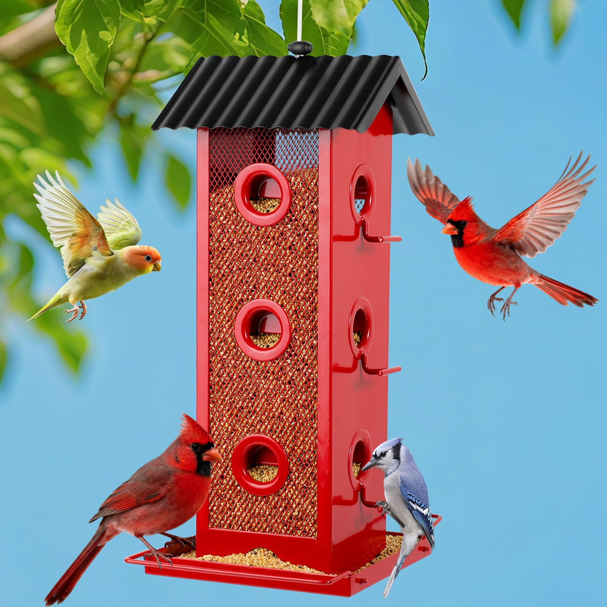 Shineforu 14-port feeder with viewing window supports multiple birds feeding safely.