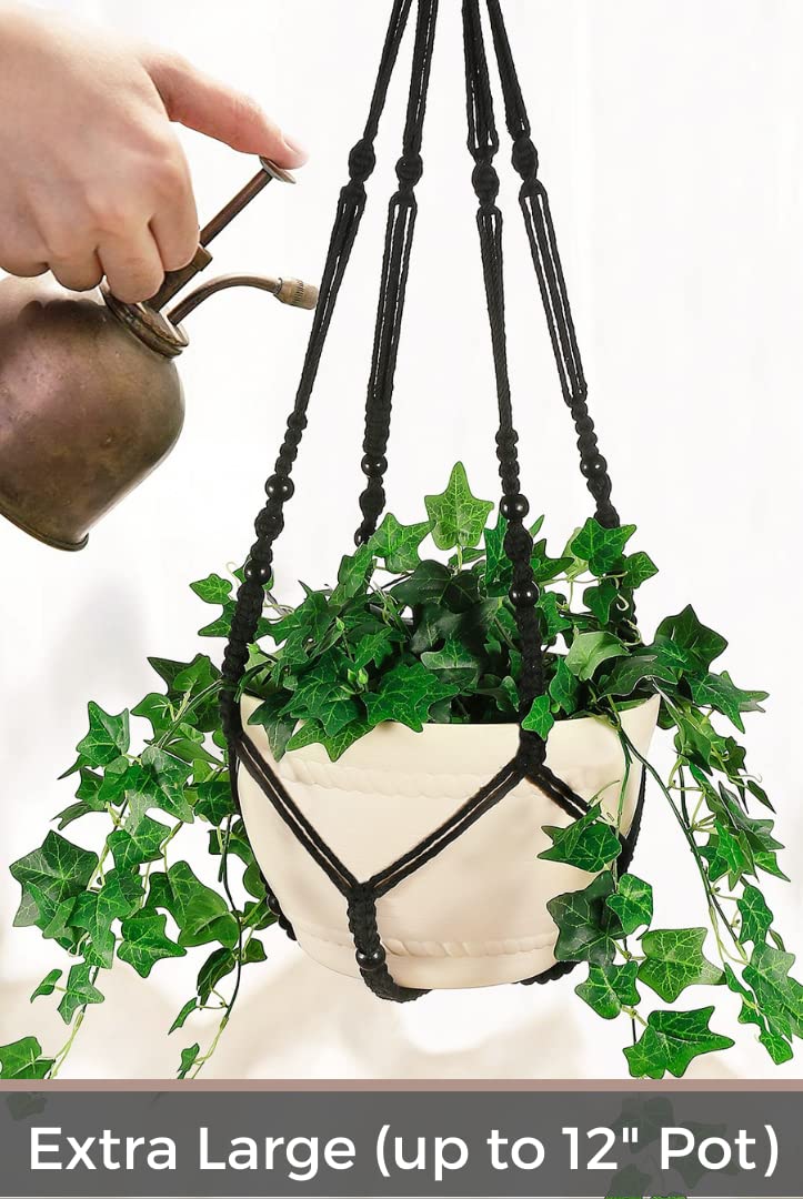 Shineloha large macrame planter hanger displaying a 12-inch pot indoors.