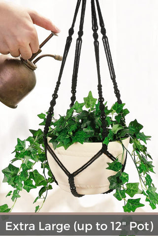 Shineloha large macrame planter hanger displaying a 12-inch pot indoors.
