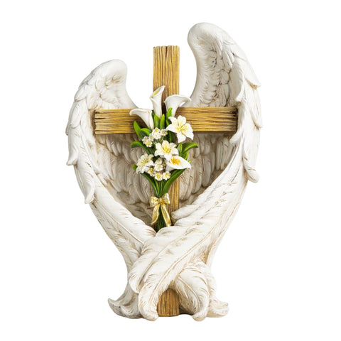 ShineOnAngel 12-inch statue showing angel wings embracing a cross with lilies for peaceful home decor