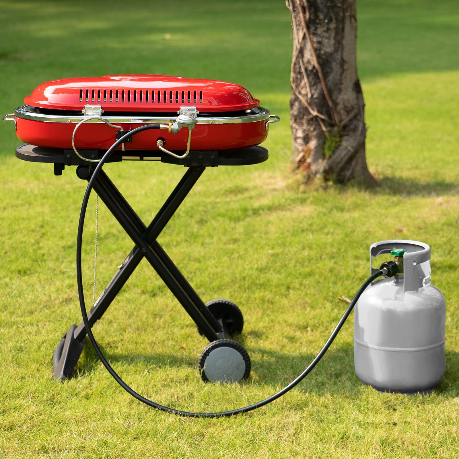 SHINESTAR-1lb-to-20lb-tank-adapter demonstrates outdoor cooking flexibility.