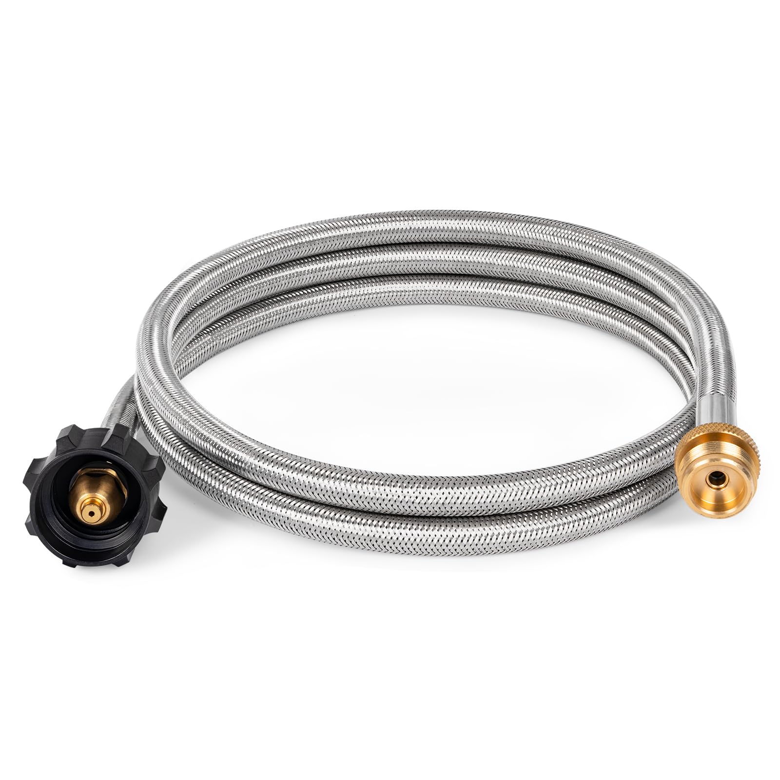 SHINESTAR 6ft propane hose adapter connected to a 1lb appliance and a larger tank for outdoor grilling.