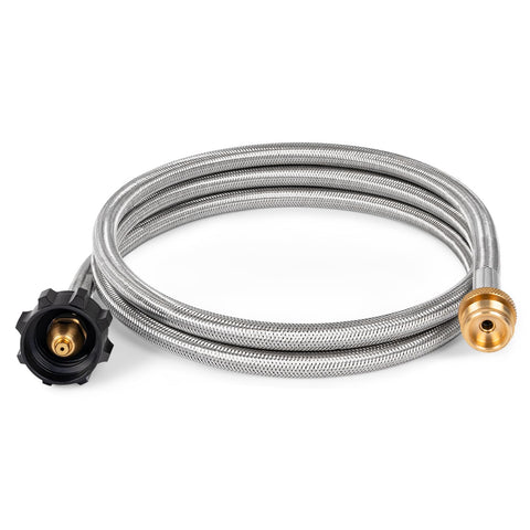 SHINESTAR 6ft propane hose adapter connected to a 1lb appliance and a larger tank for outdoor grilling.