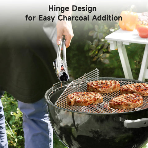SHINESTAR built-in hinges simplify mid-cook charcoal addition.